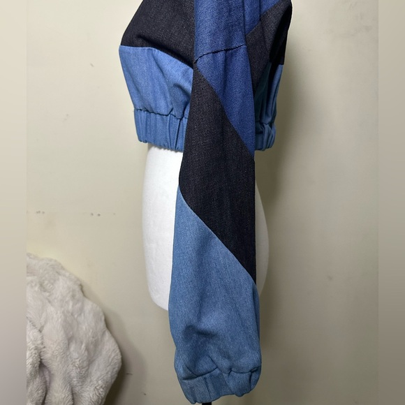 Stylish Blue and Black Women's Cropped Jacket faux denim - Picture 7 of 8